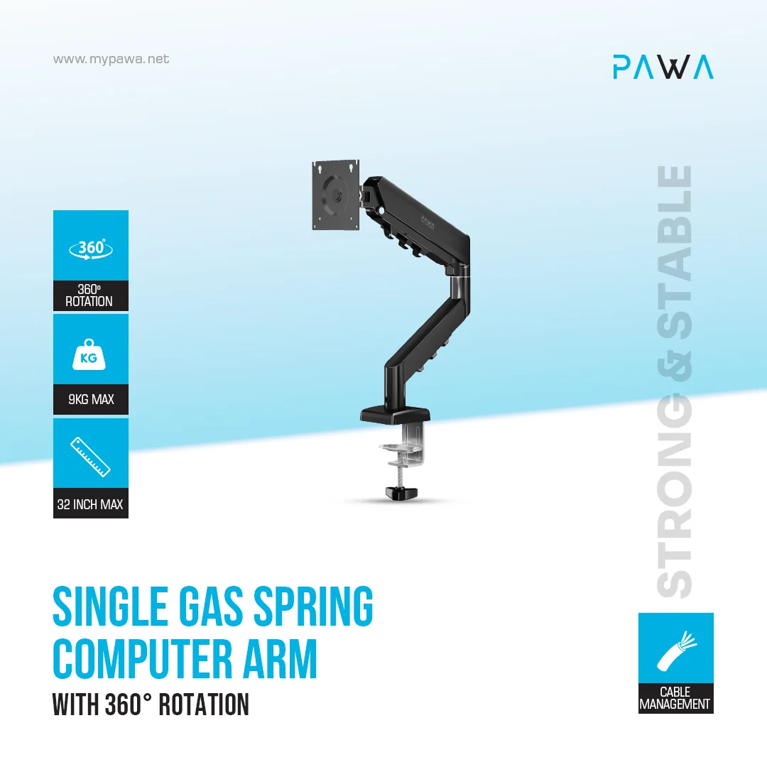 PAWA SINGLE GAS SPRING COMPUTER ARM WITH 360 DEGREE ROTATION BLACK PW-CASGSM52-BK thumbnail 4