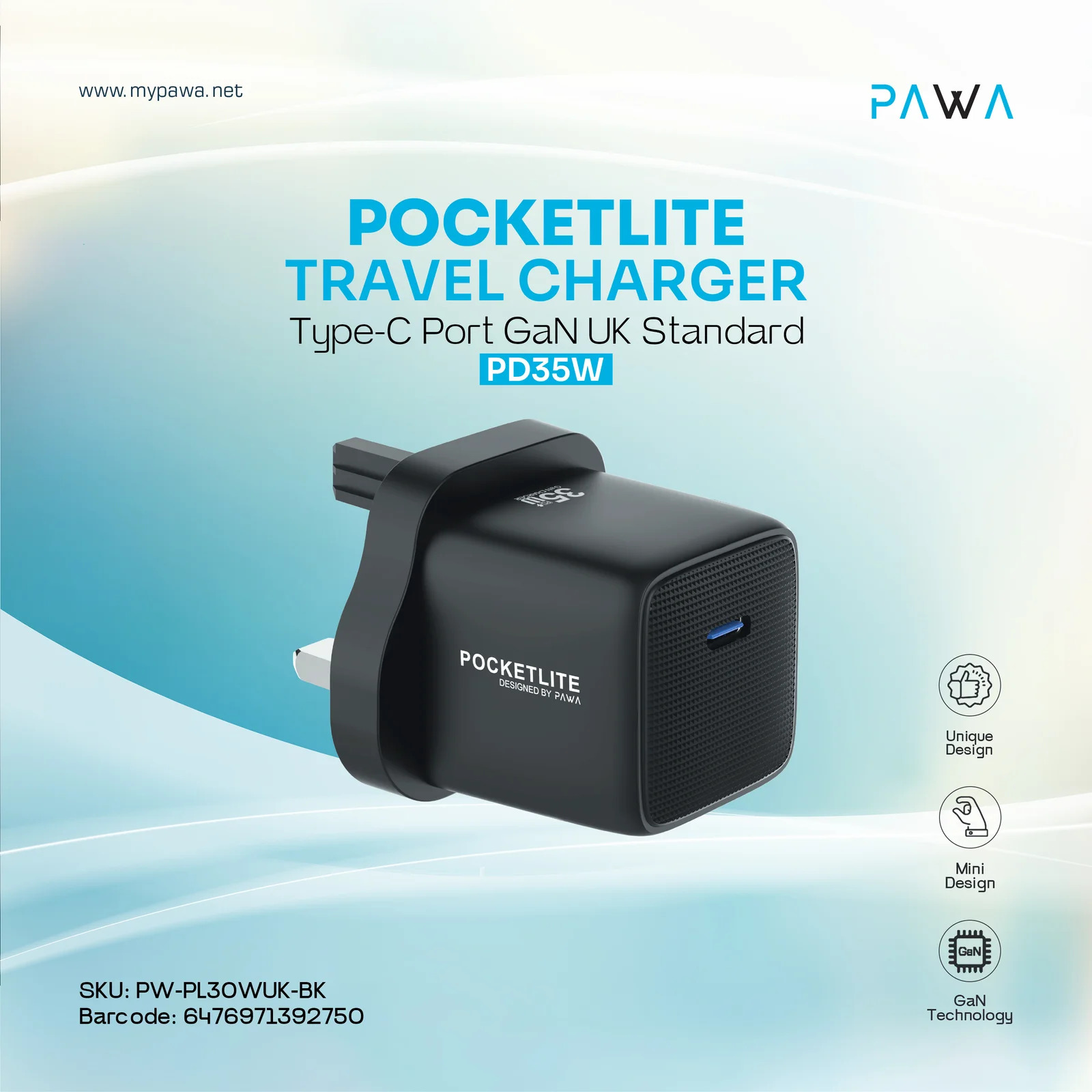 PAWA POCKETLITE TRAVEL CHARGER TYPE-C PORT GAN PD35W  BLACK PW-PL30WUK-BK thumbnail 2