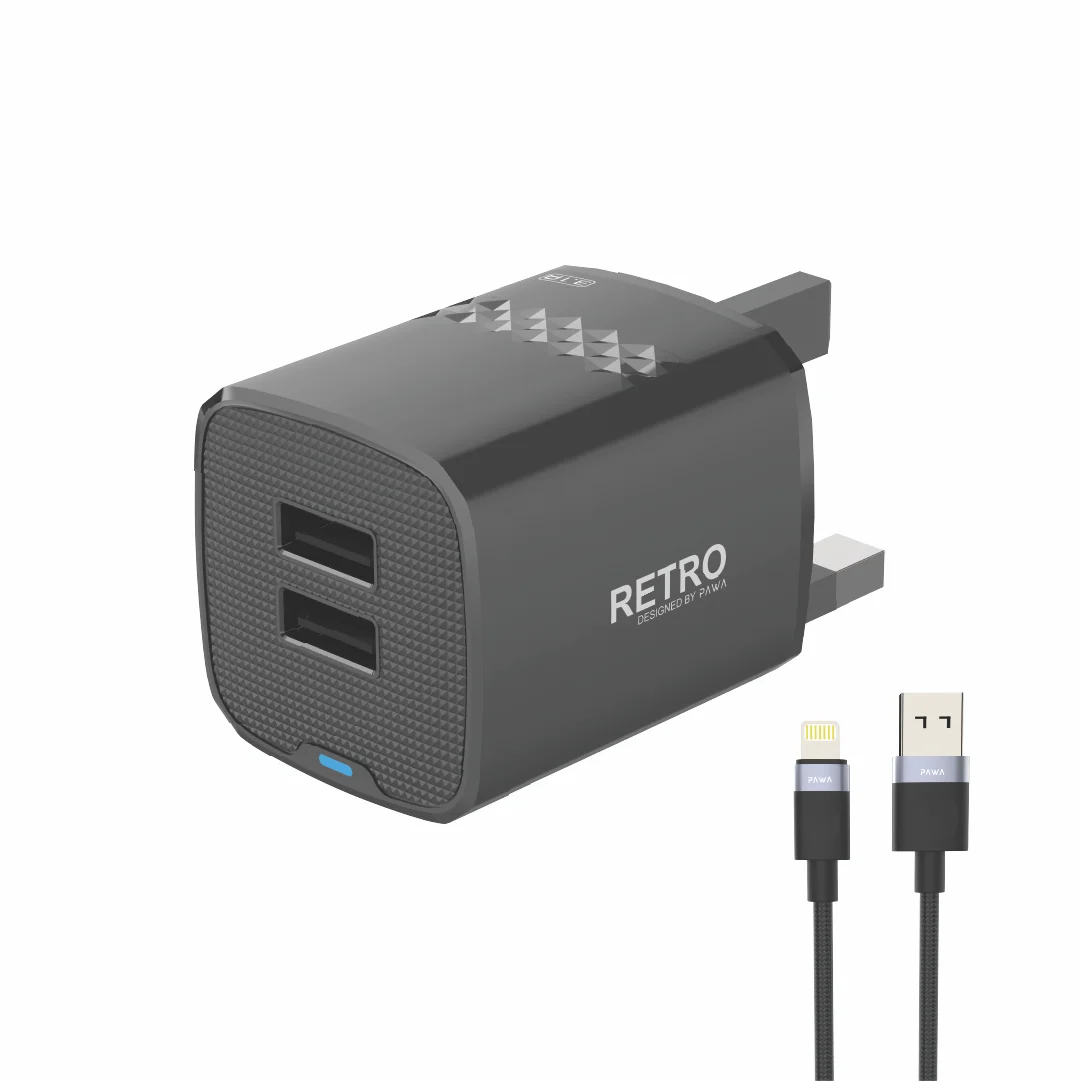 PAWA RETRO 3.1A DUAL USB UK CHARGER WITH USB A TO LIGHTNING CABLE BLACK PW-TCR31UKL-BK