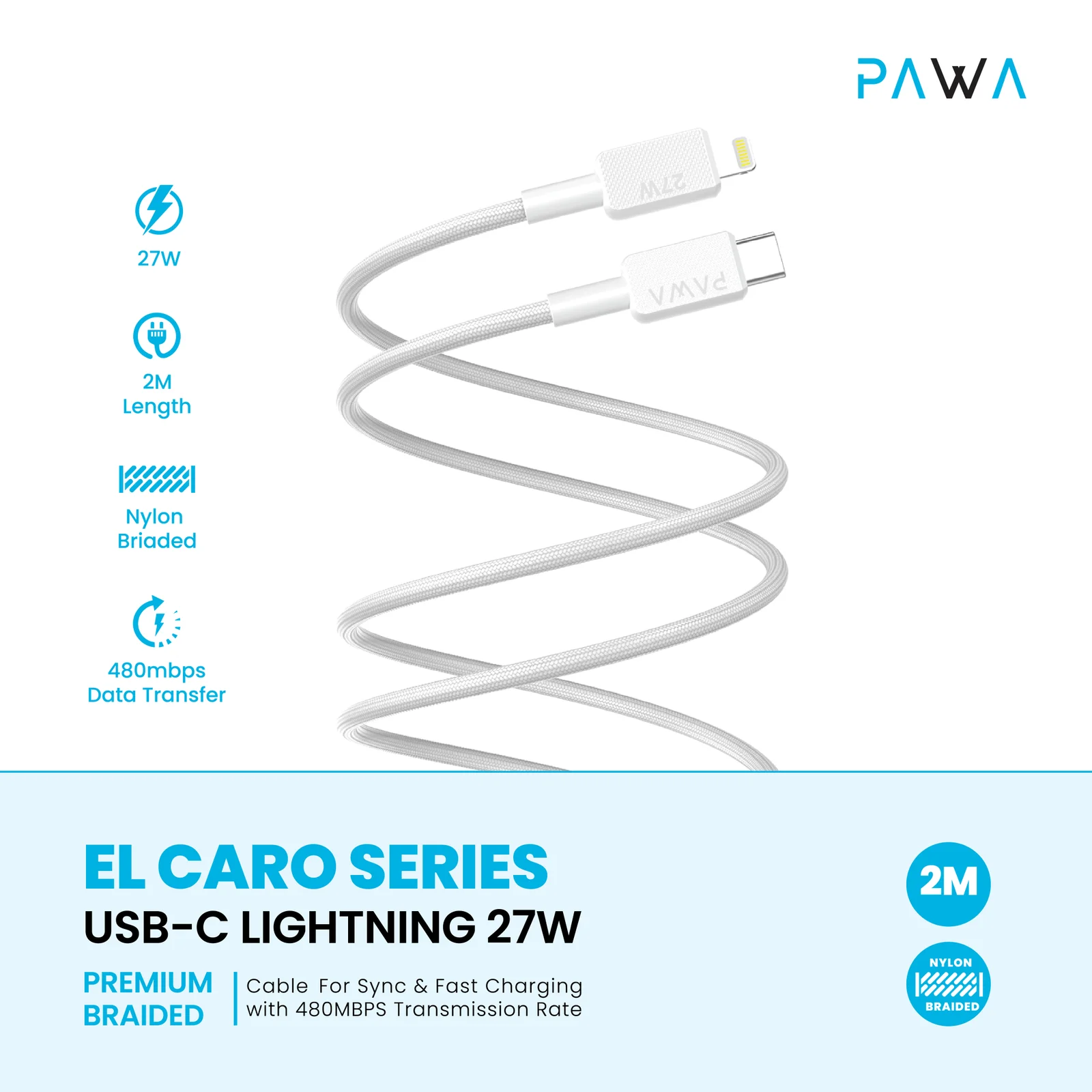 PAWA EL CARO SERIES USB C TO LIGHTNING 27W PREMIUM BRAIDED CABLE 2M WHITE PW-20BD27CL-WH thumbnail 4