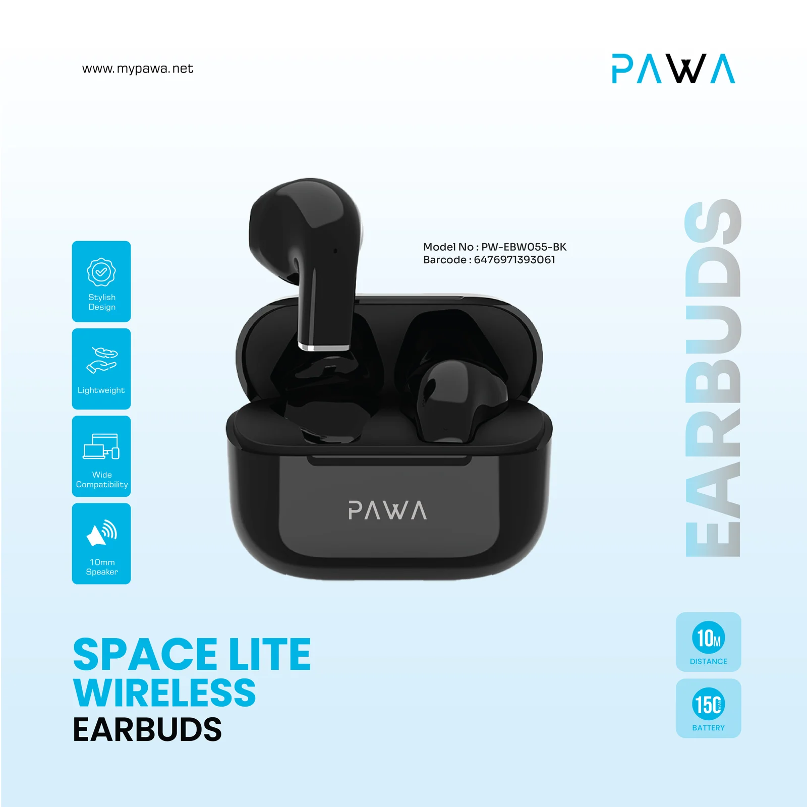 PAWA SPACE LITE WIRELESS EARBUDS BLACK PW-EBW055-BK thumbnail 2
