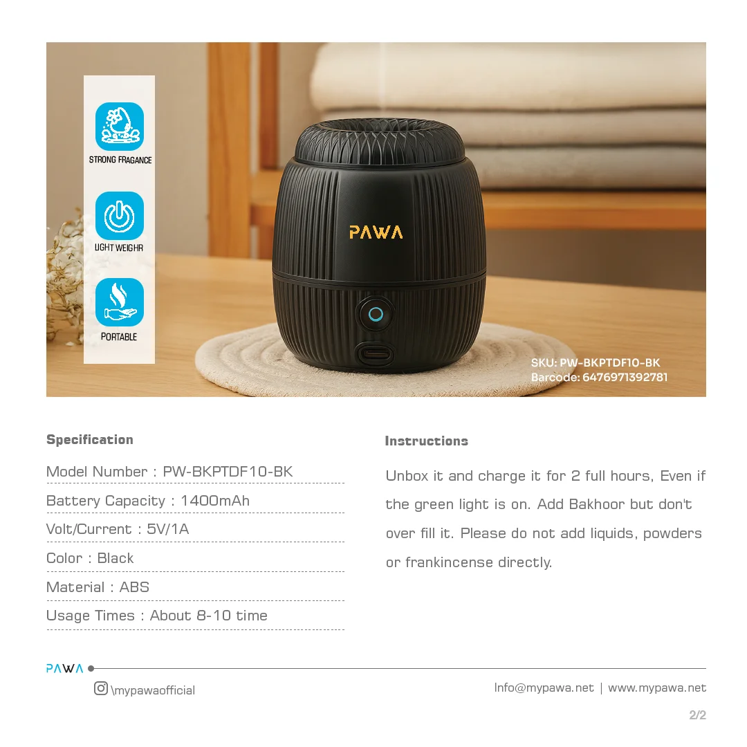 PAWA ATEERA PORTABLE BAKHOOR BLACK PW-BKPTDF10-BK thumbnail 4