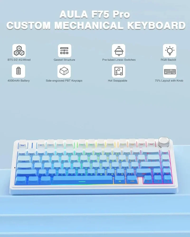 AULA 75 KEYS RGB 75% MECHANICAL GAMING KEYBOARD WHITE GRADIENT BLUE PAPER SWITCH thumbnail 5