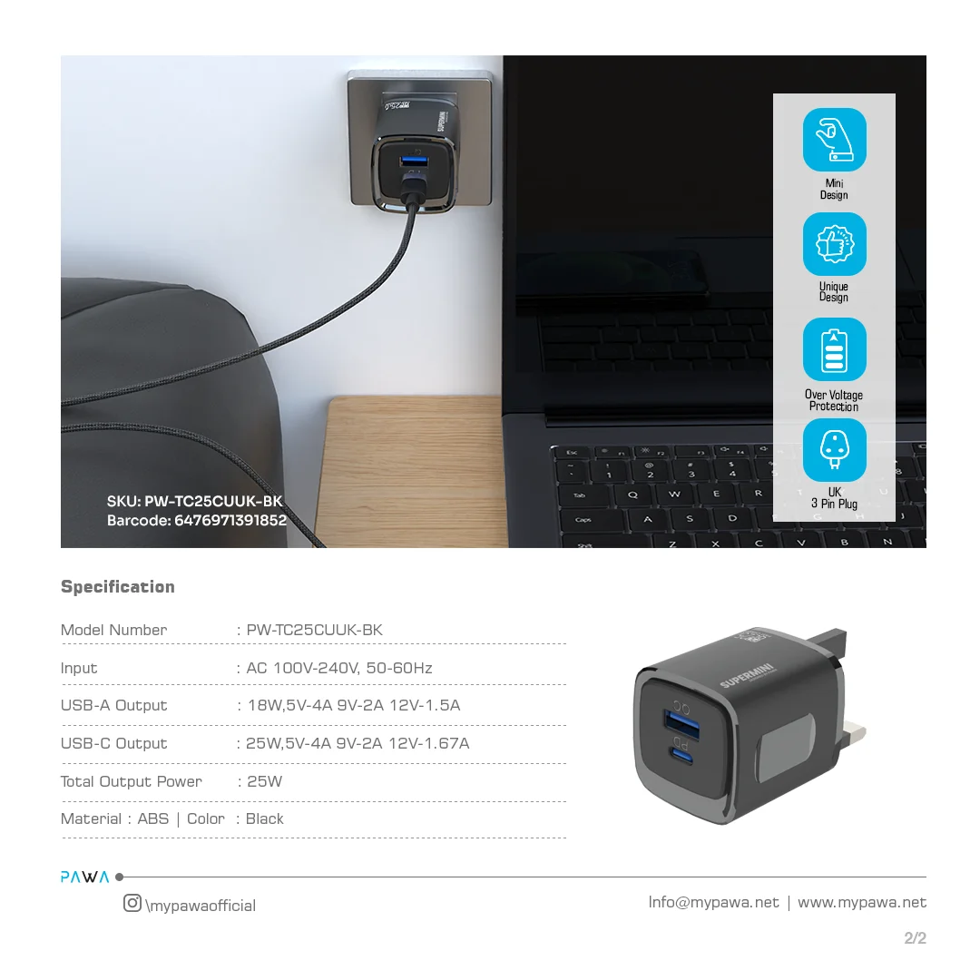 PAWA SUPERMINI TRAVEL CHARGER PD QC PORT 25W BLACK PW-TC25CUUK-BK thumbnail 4