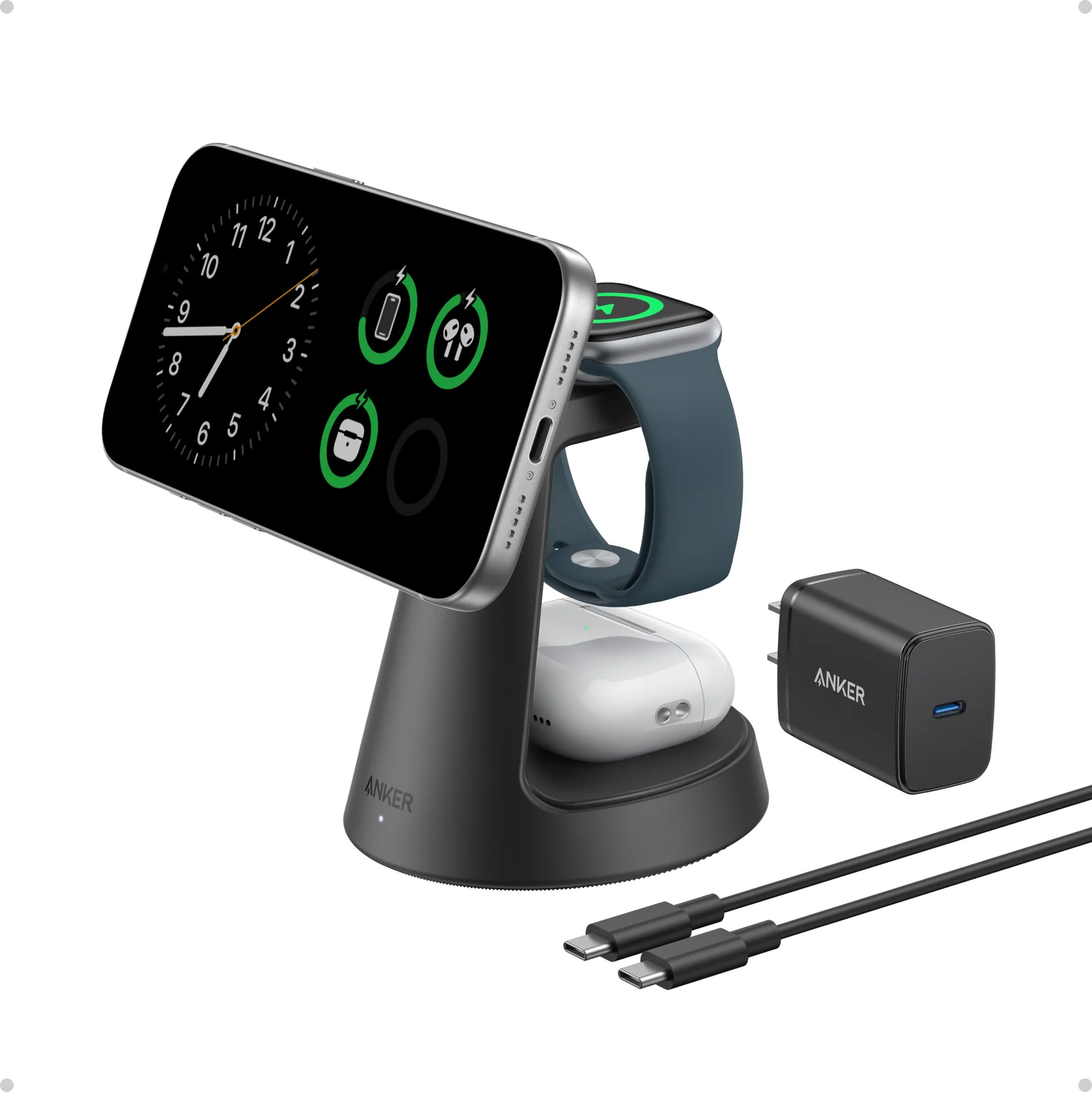 ANKER MAGGO WIRELESS CHARGING STATION 3 IN 1 DOCK STAND WITH ADAPTER AND CABLE BLACK B25M4V11 thumbnail 4