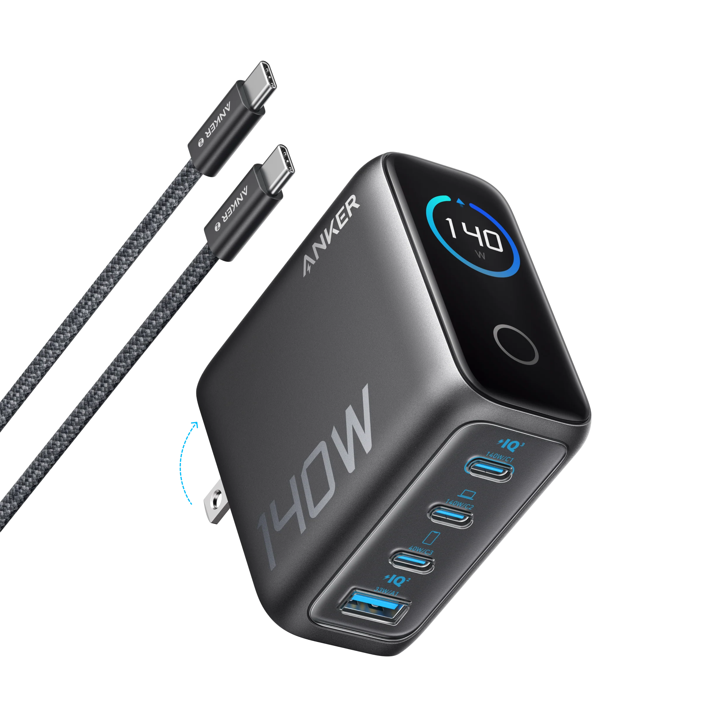 ANKER ZOLO CHARGER 140W 3-PORT TYPE C WALL CHARGER WITH USB-C TO TYPE C CABLE BLACK B2697KZ1