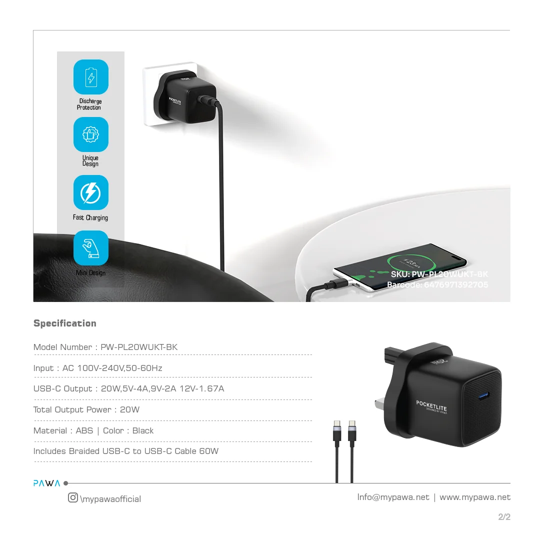 PAWA POCKETLITE TRAVEL CHARGER TYPE-C PORT GAN P20W TYPE C CABLE BLACK PW-PL20WUKT-BK thumbnail 2