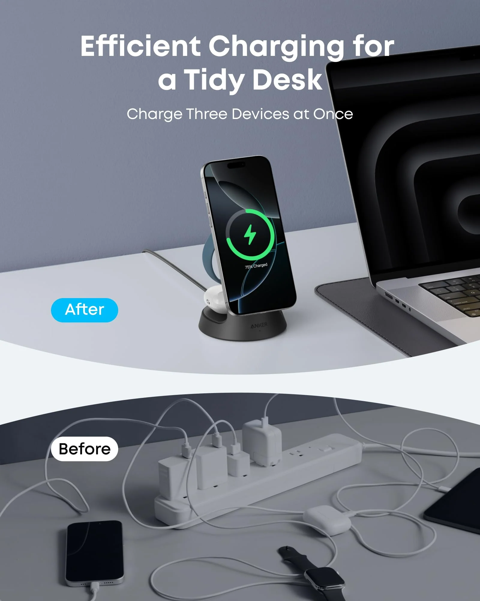 ANKER MAGGO WIRELESS CHARGING STATION 3 IN 1 DOCK STAND WITH ADAPTER AND CABLE BLACK B25M4V11 thumbnail 5