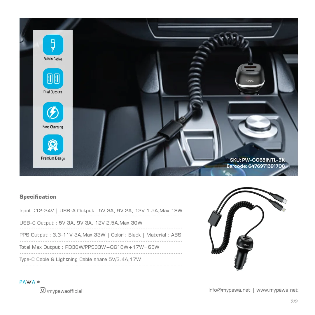 PAWA SOLID CAR CHARGER DUAL PORT PD+QC WITH USB C AND LIGHTNING CABLE 68W BLACK PW-CC68INTL-BK thumbnail 5