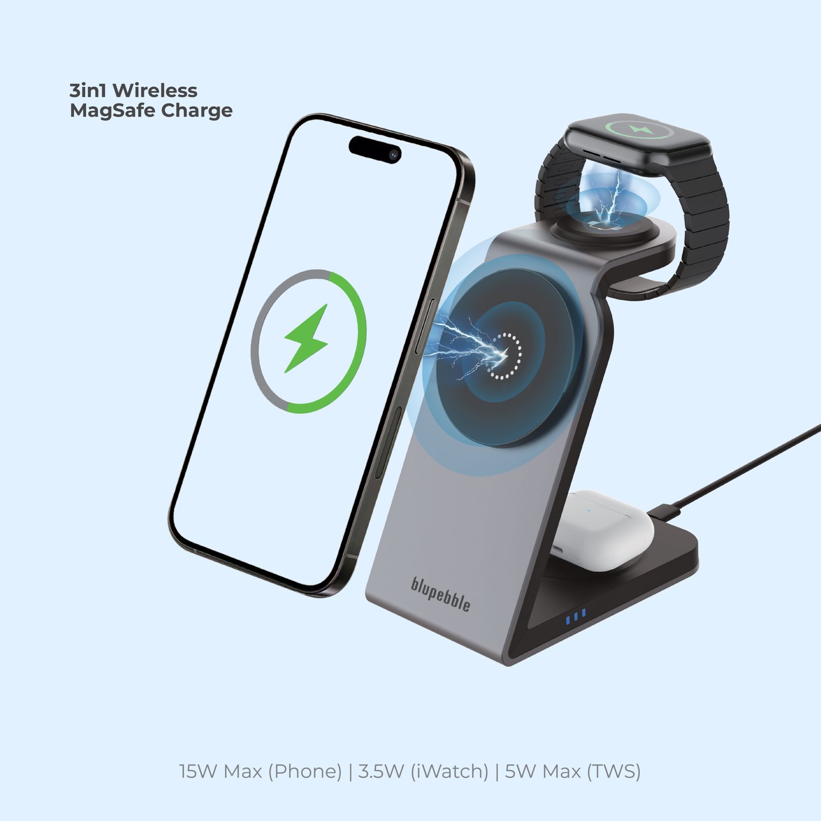 BLUPEBBLE 3 IN 1 WIRELESS MAGSAFE CHARGING STAND BP-3IN1V1-SG thumbnail 8