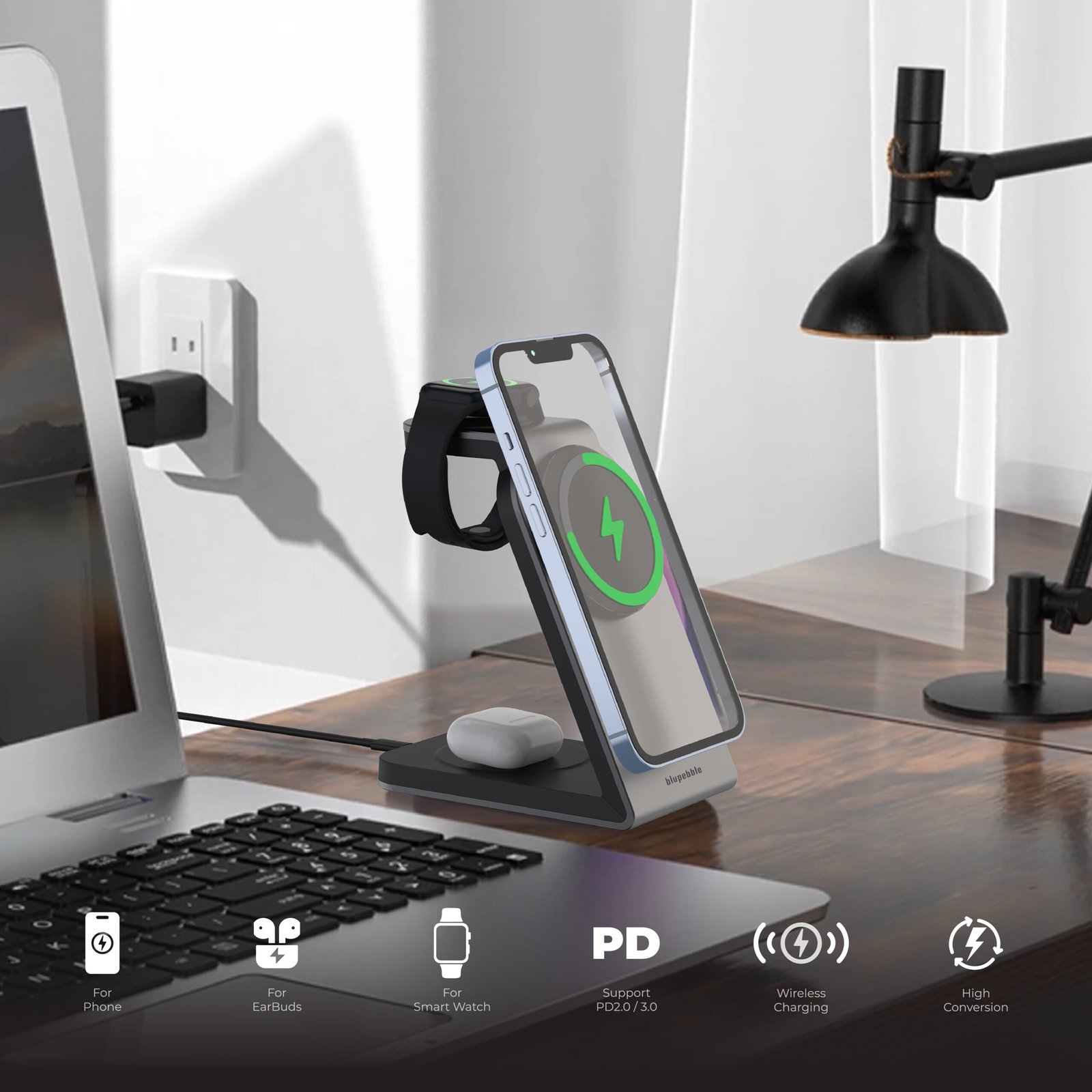 BLUPEBBLE 3 IN 1 WIRELESS MAGSAFE CHARGING STAND BP-3IN1V1-SG thumbnail 4