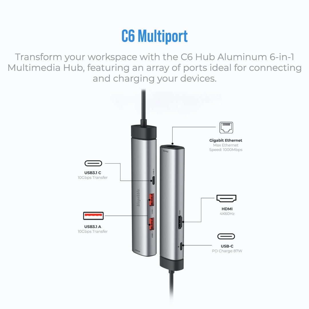 BLUPEBBLE C6 MULTIPORT ALUMINUM 6 IN 1 MULTIMEDIA HUB GRAY BP-C6MULTIHUB6IN1-GY thumbnail 8