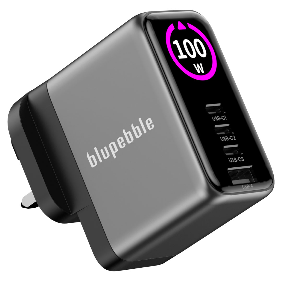 BLUPEBBLE POWERCORE 100 ULTRA-POWERFUL 100W GAN CHARGER WITH 3 USB-C PORTS GRAY BP-PD100GANUK-GY