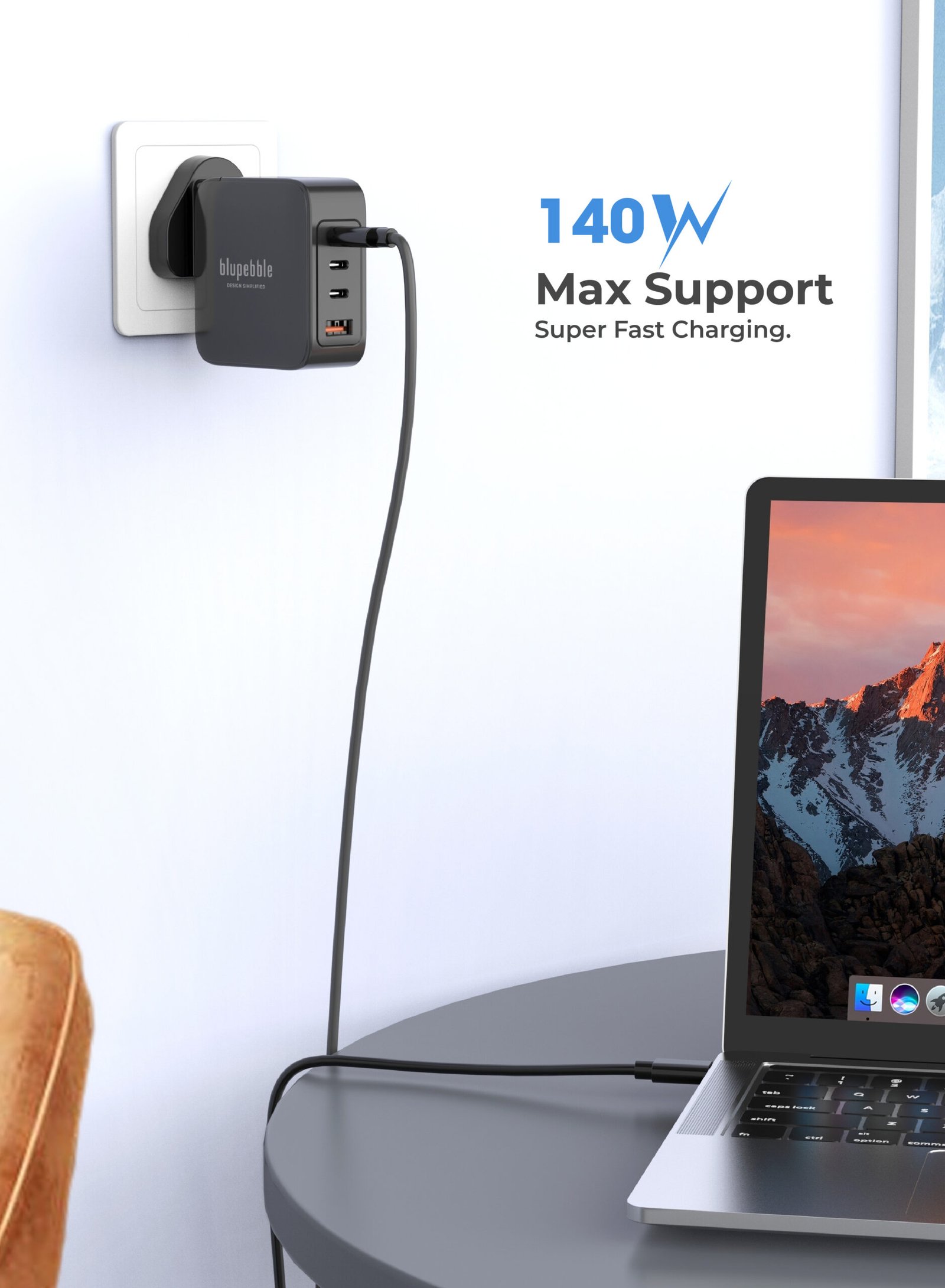 BLUPEBBLE 4 PORT PD GAN FAST CHARGER 140W BLACK BP-PD140GANUK-BK thumbnail 4