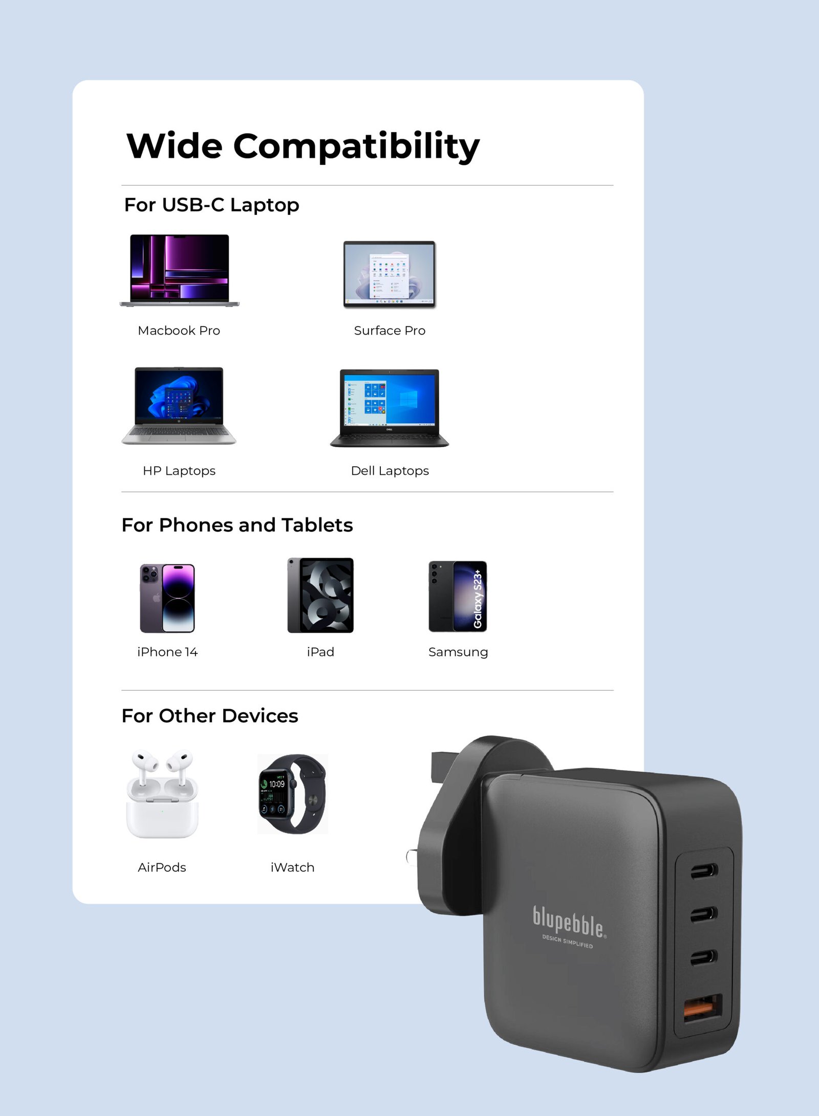 BLUPEBBLE 4 PORT PD GAN FAST CHARGER 140W BLACK BP-PD140GANUK-BK thumbnail 2