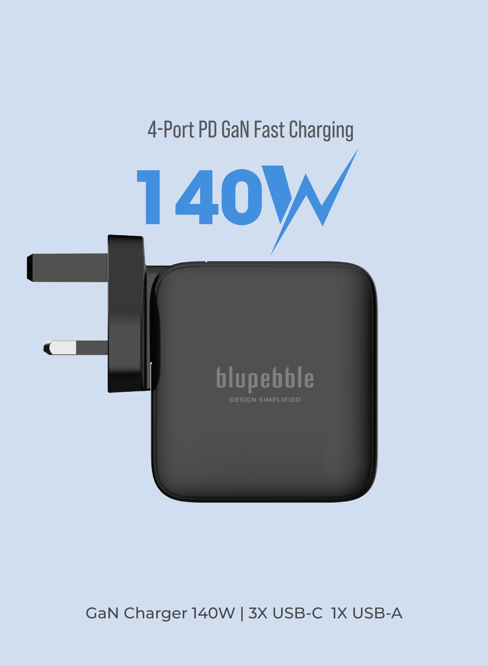 BLUPEBBLE 4 PORT PD GAN FAST CHARGER 140W BLACK BP-PD140GANUK-BK thumbnail 5