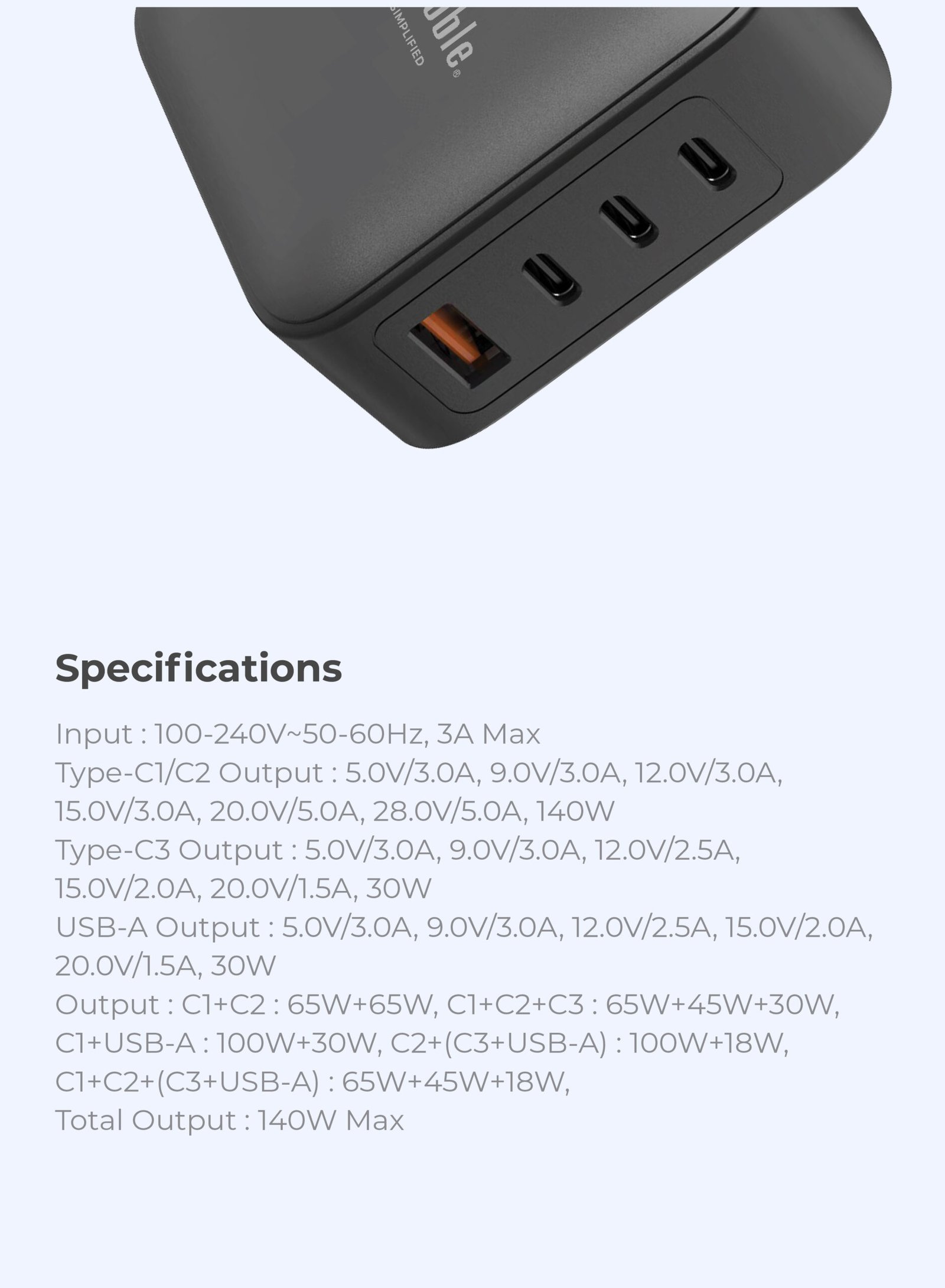 BLUPEBBLE 4 PORT PD GAN FAST CHARGER 140W BLACK BP-PD140GANUK-BK thumbnail 3