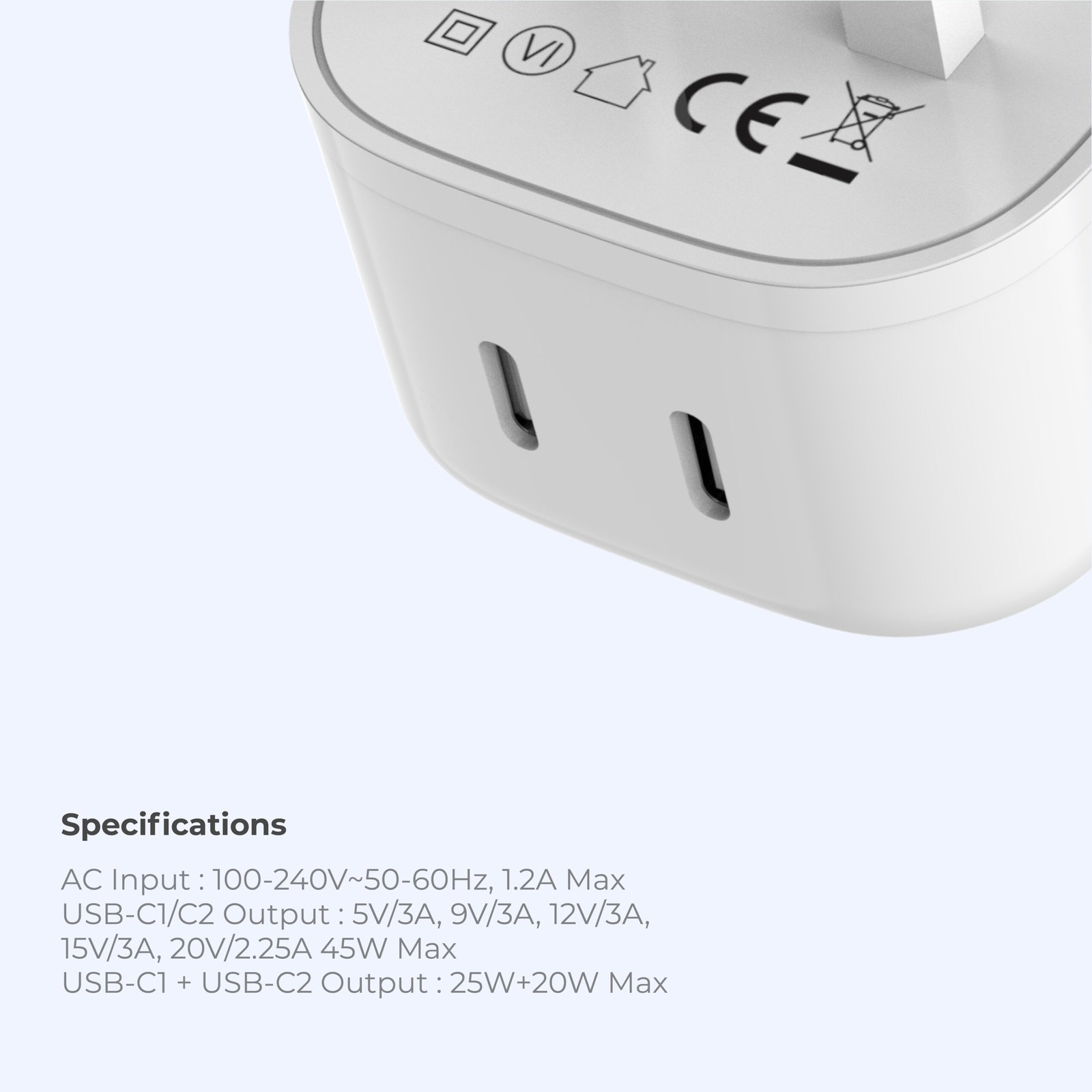 BLUPEBBLE 2 PORT PD GAN FAST CHARGER 45W WHITE BP-PD45GANUK-WH thumbnail 4