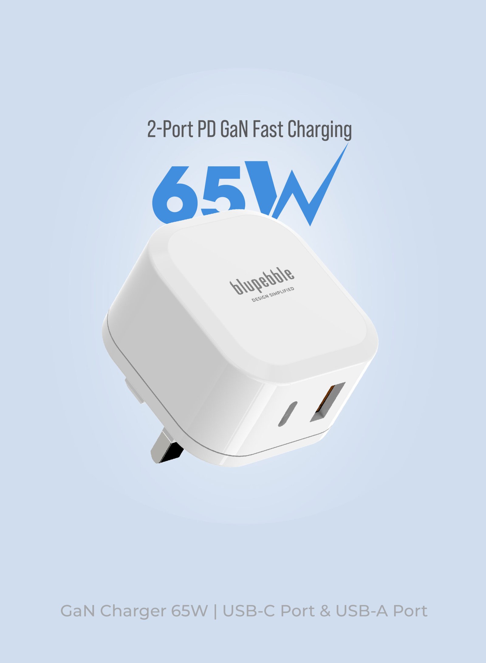 BLUPEBBLE 2 PORT PD GAN FAST CHARGER 65W WHITE BP-PD65GANUK-WH thumbnail 3