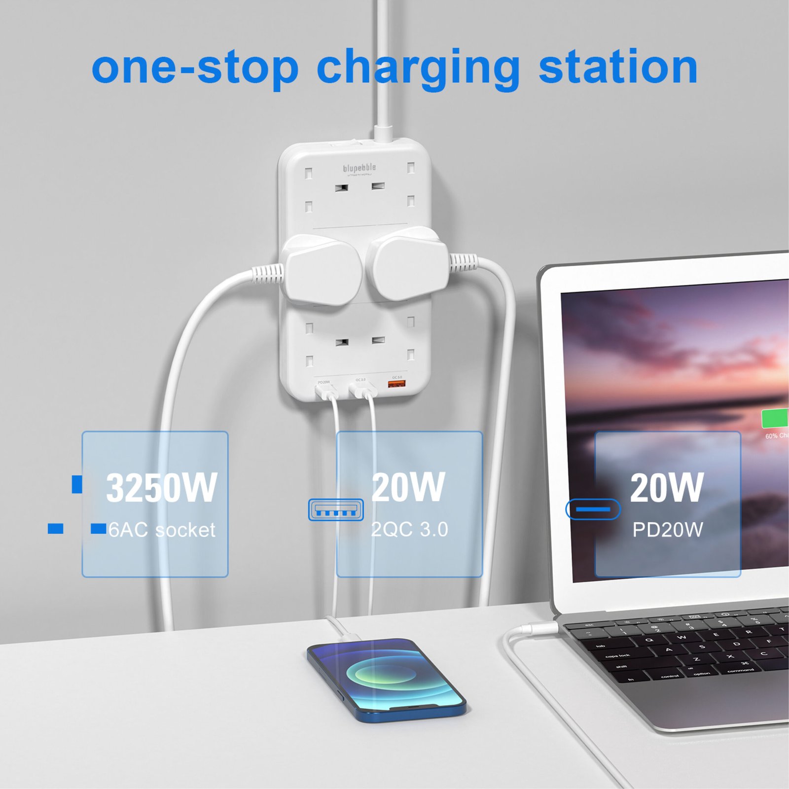 BLUPEBBLE 6 PLUG SURGE PROTECTION POWER STRIP WHITE BP-PSRTIP6-WH thumbnail 4