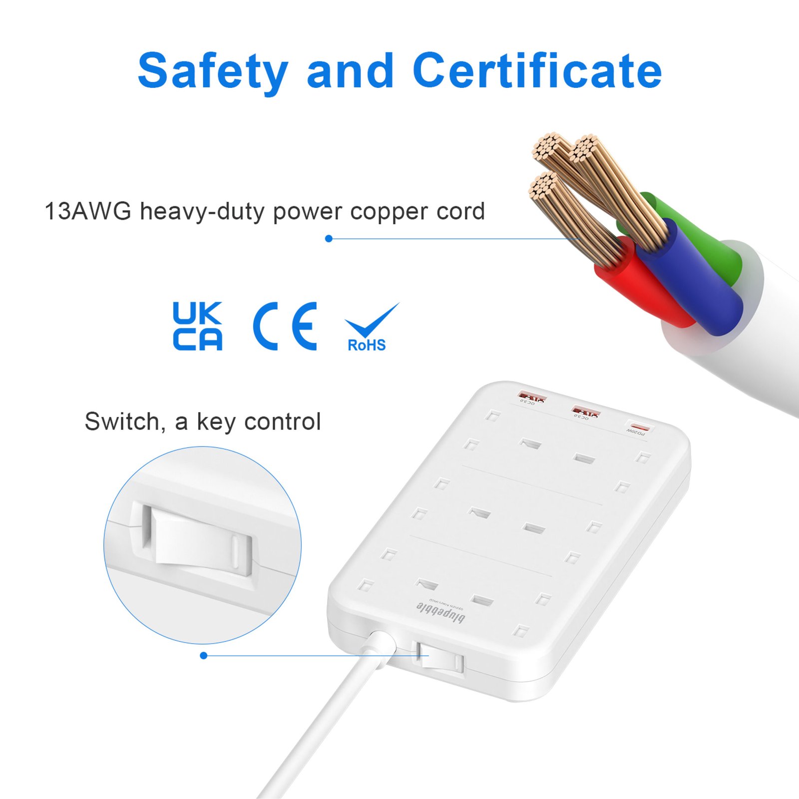 BLUPEBBLE 6 PLUG SURGE PROTECTION POWER STRIP WHITE BP-PSRTIP6-WH thumbnail 3