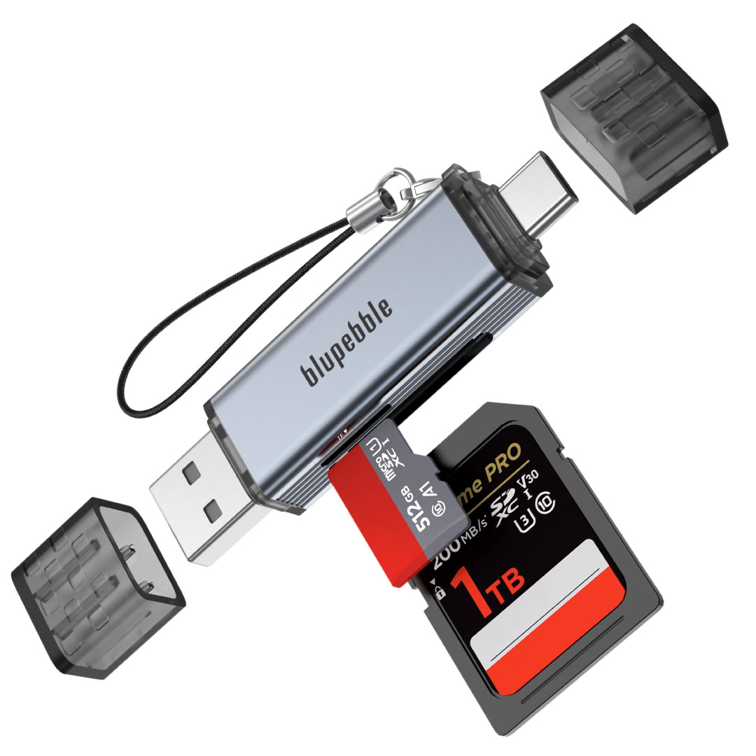 BLUPEBBLE 2 IN 1 USB-A + USB-C CARD READER WITH TF/SD CARD GRAY BP-SDTFRDR-GY