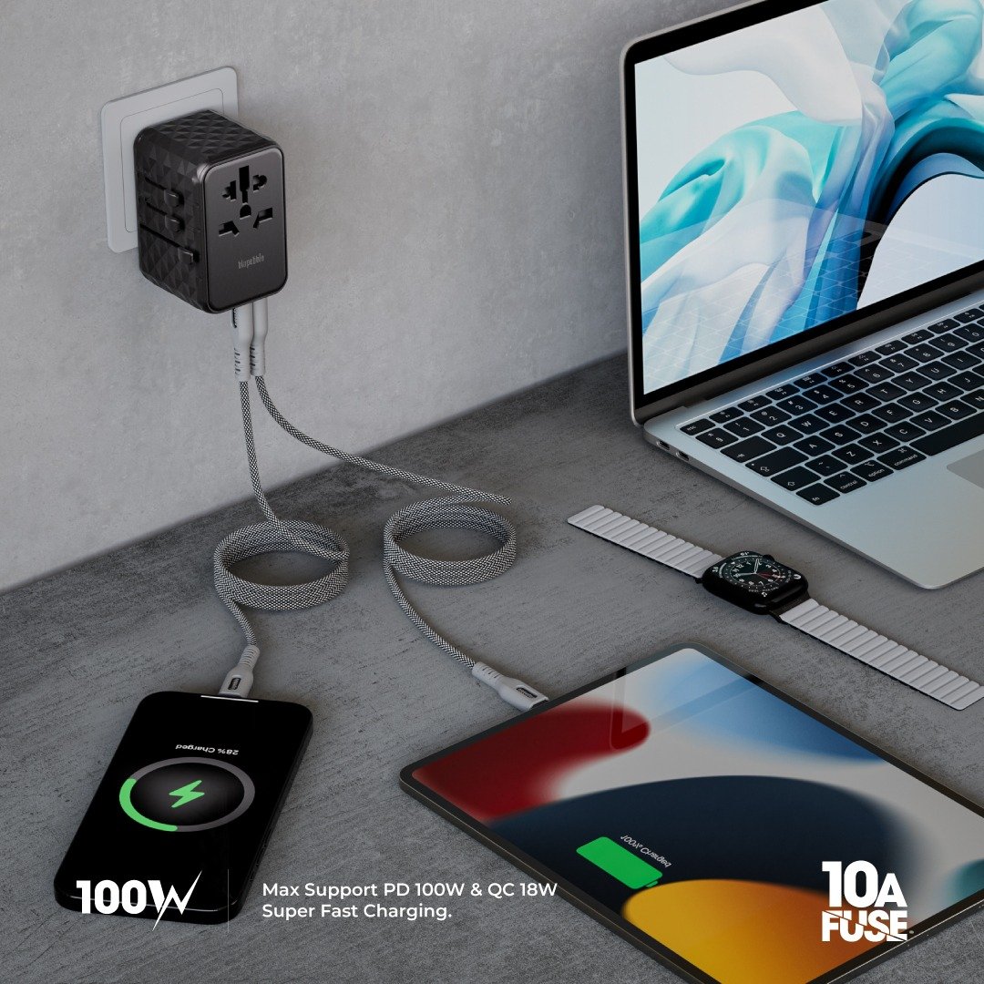 Blupebble Passport 4 World Travel Adapter - Featuring GAN III Tech, 100W Power, 3 USB-C, and 2 USB-A Ports for Ultimate Convenience : Power Up Anywhere thumbnail 12