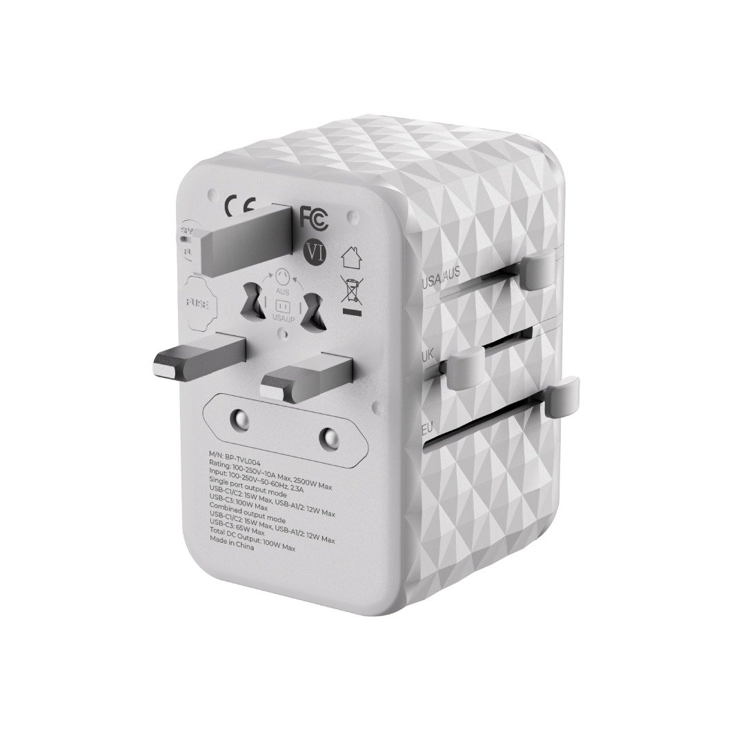 Blupebble Passport 4 World Travel Adapter - Featuring GAN III Tech, 100W Power, 3 USB-C, and 2 USB-A Ports for Ultimate Convenience : Power Up Anywhere thumbnail 3