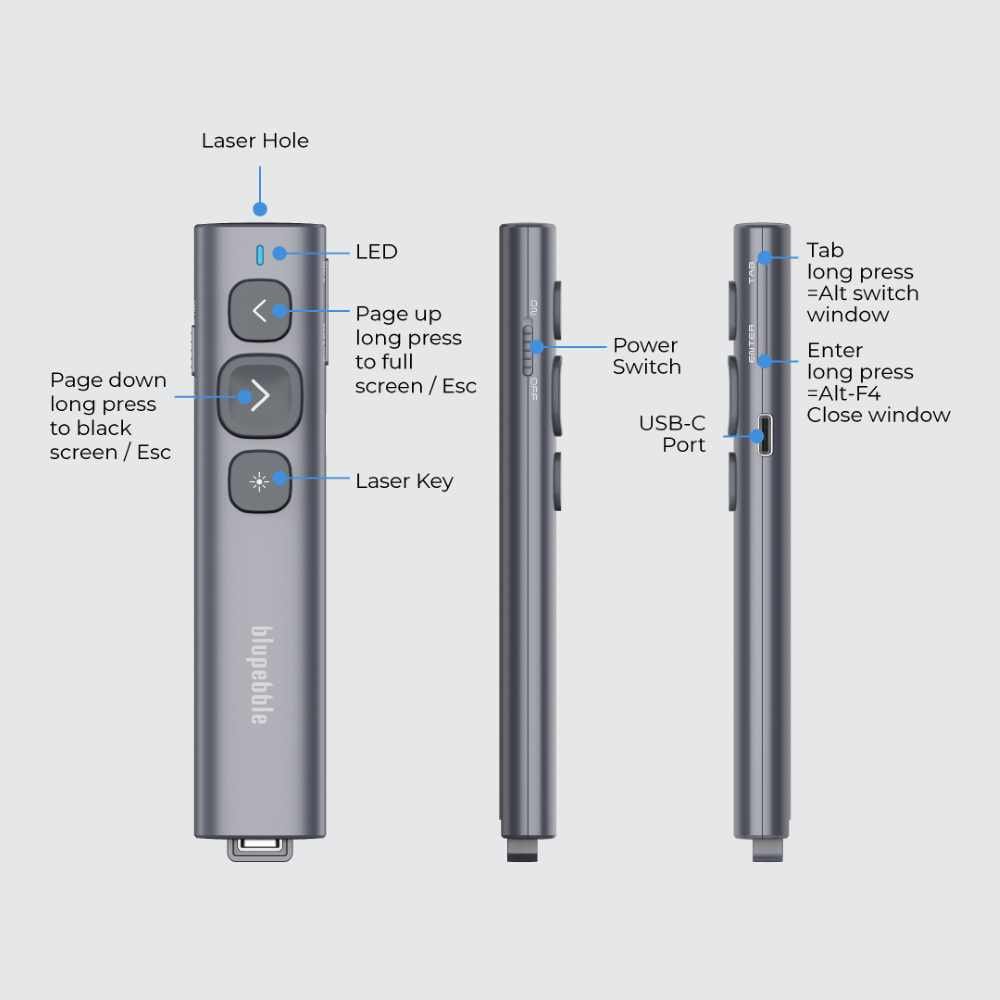 BLUPEBBLE WAND REMOTE BT PRESENTER WITH USB A & USB C RECEIVER GREY BP-WANDBT-GY thumbnail 4