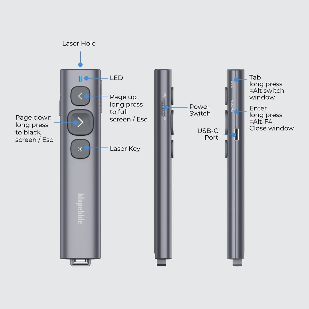 BLUPEBBLE WAND REMOTE PRESENTER WITH USB-A AND USB-C RECEIVER GREY BP-WANDV1-GY thumbnail 4