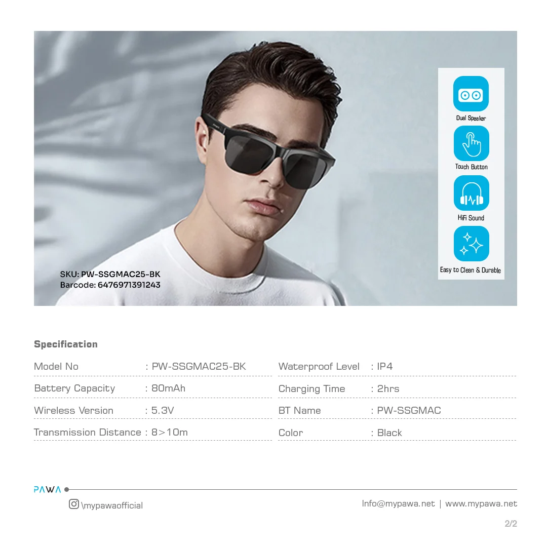 PAWA SMART SUNGLASS WITH MUSIC AND CALL BLACK SSGMAC25-BK thumbnail 4