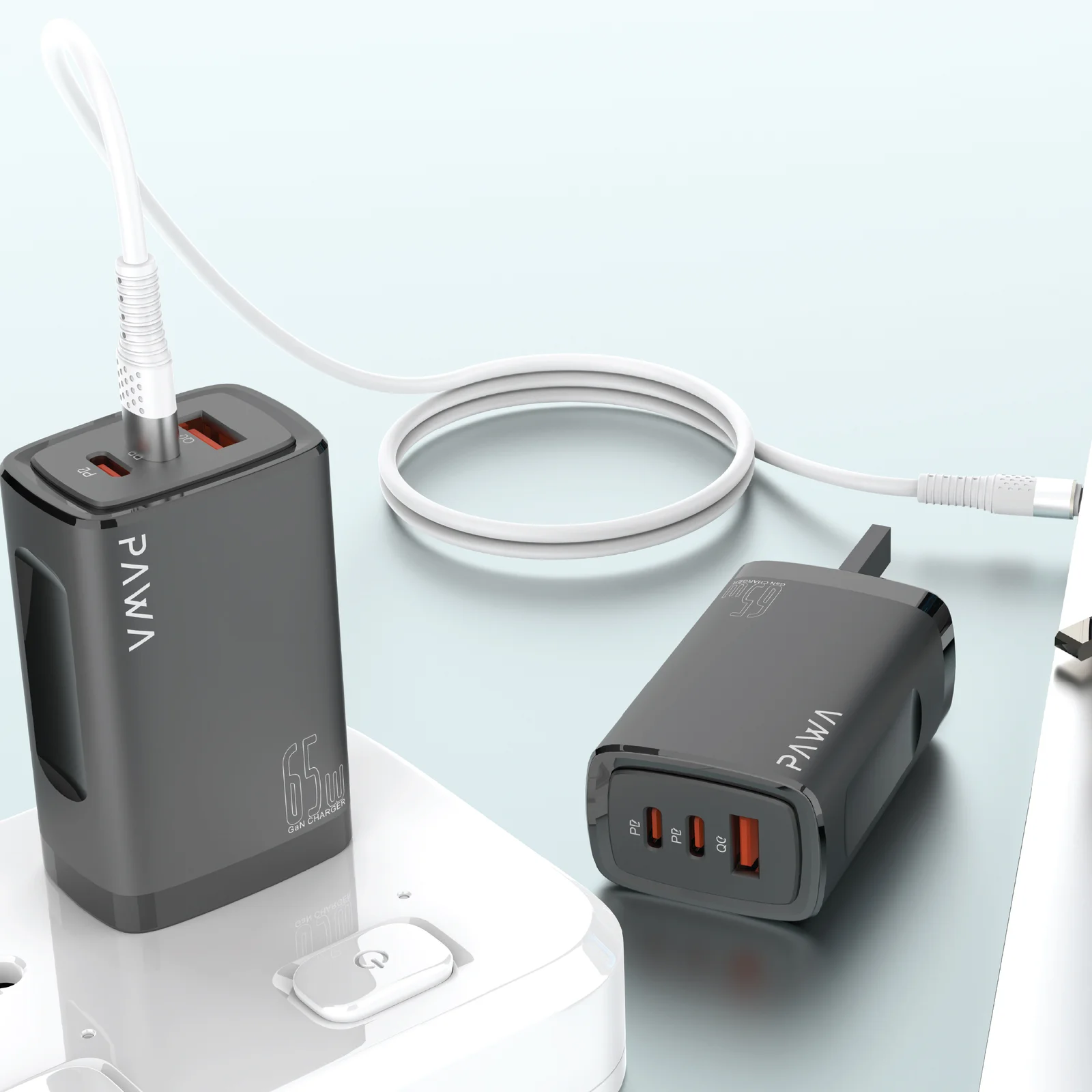 PAWA SOLID TRAVEL DUAL PD AND QC PORT CHARGER GAN 65W UK BLACK PW-TA65PDUK-BK thumbnail 2