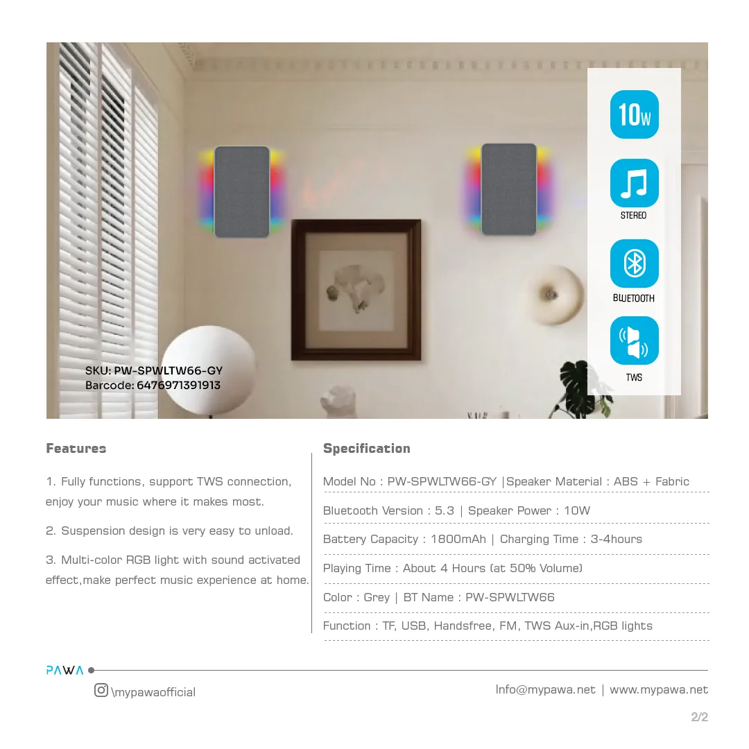 PAWA WIRELESS WALL MOUNTED SPEAKER GREY PW-SPWLTW66-GY thumbnail 4