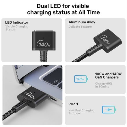 UNITEK PD 3.1 USB C TO MAGNETIC 3 CHARGING CABLE PD 140W 3M BLACK C14121BK-3M thumbnail 4