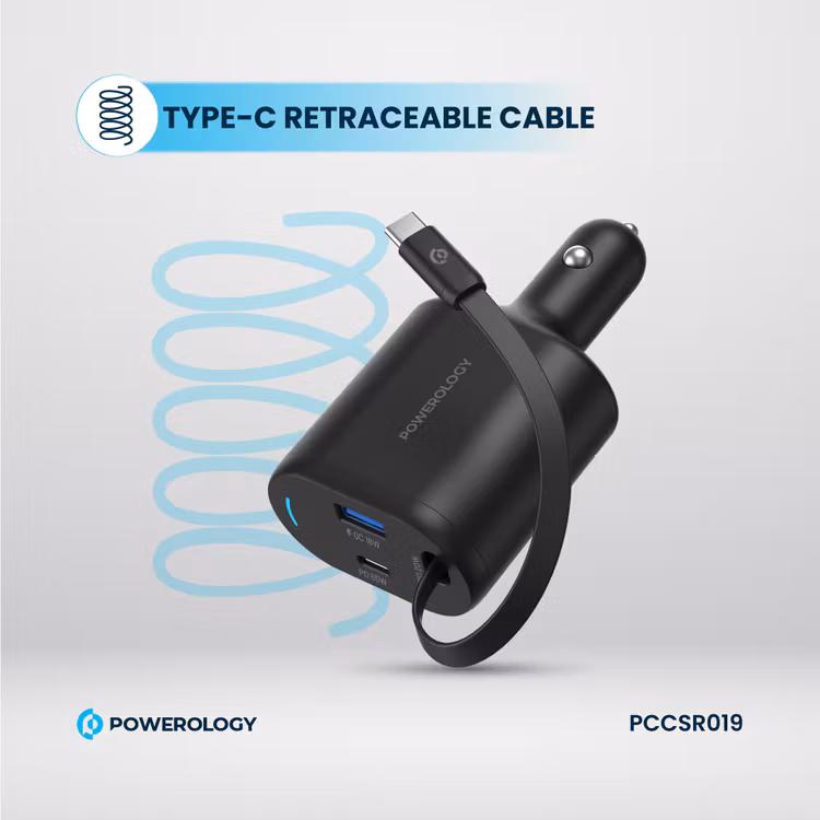 POWEROLOGY CURRNEX 60W MULTI PORT CAR CHARGER WITH RETRACTABLE 75CM CABLE BLACK PCCSR19BK thumbnail 6