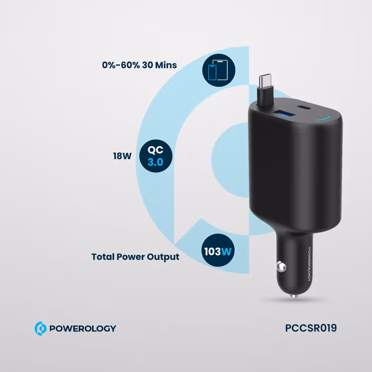 POWEROLOGY CURRNEX 60W MULTI PORT CAR CHARGER WITH RETRACTABLE 75CM CABLE BLACK PCCSR19BK thumbnail 7