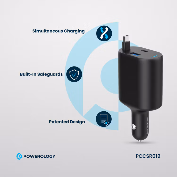 POWEROLOGY CURRNEX 60W MULTI PORT CAR CHARGER WITH RETRACTABLE 75CM CABLE BLACK PCCSR19BK thumbnail 4