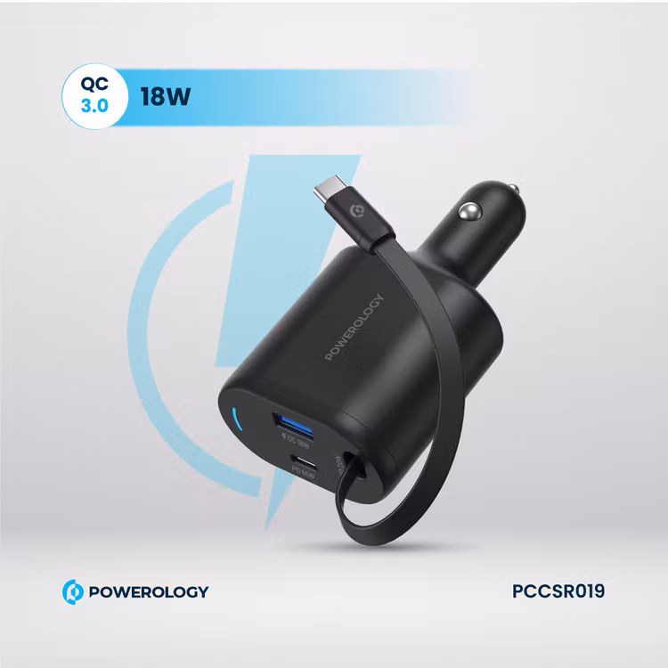 POWEROLOGY CURRNEX 60W MULTI PORT CAR CHARGER WITH RETRACTABLE 75CM CABLE BLACK PCCSR19BK thumbnail 2