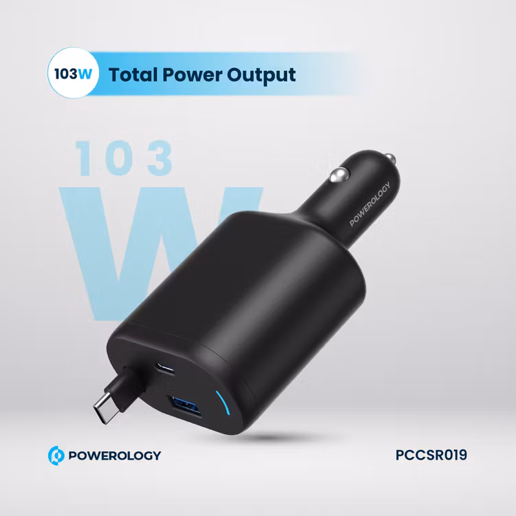 POWEROLOGY CURRNEX 60W MULTI PORT CAR CHARGER WITH RETRACTABLE 75CM CABLE BLACK PCCSR19BK thumbnail 3