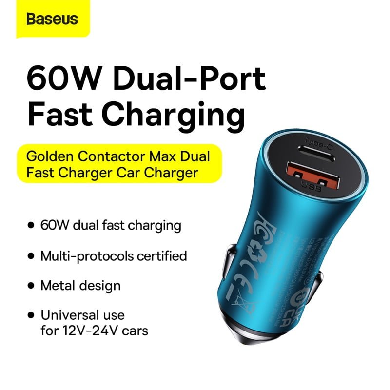 Baseus Golden Contactor Pro Dual Quick Car Charger - USB + Type-C 60W GC PRO CGJM0001 thumbnail 2