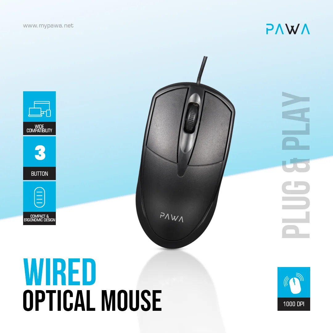 PAWA WIRED OPTICAL MOUSE BLACK PW-MWN2TC15-BK thumbnail 2