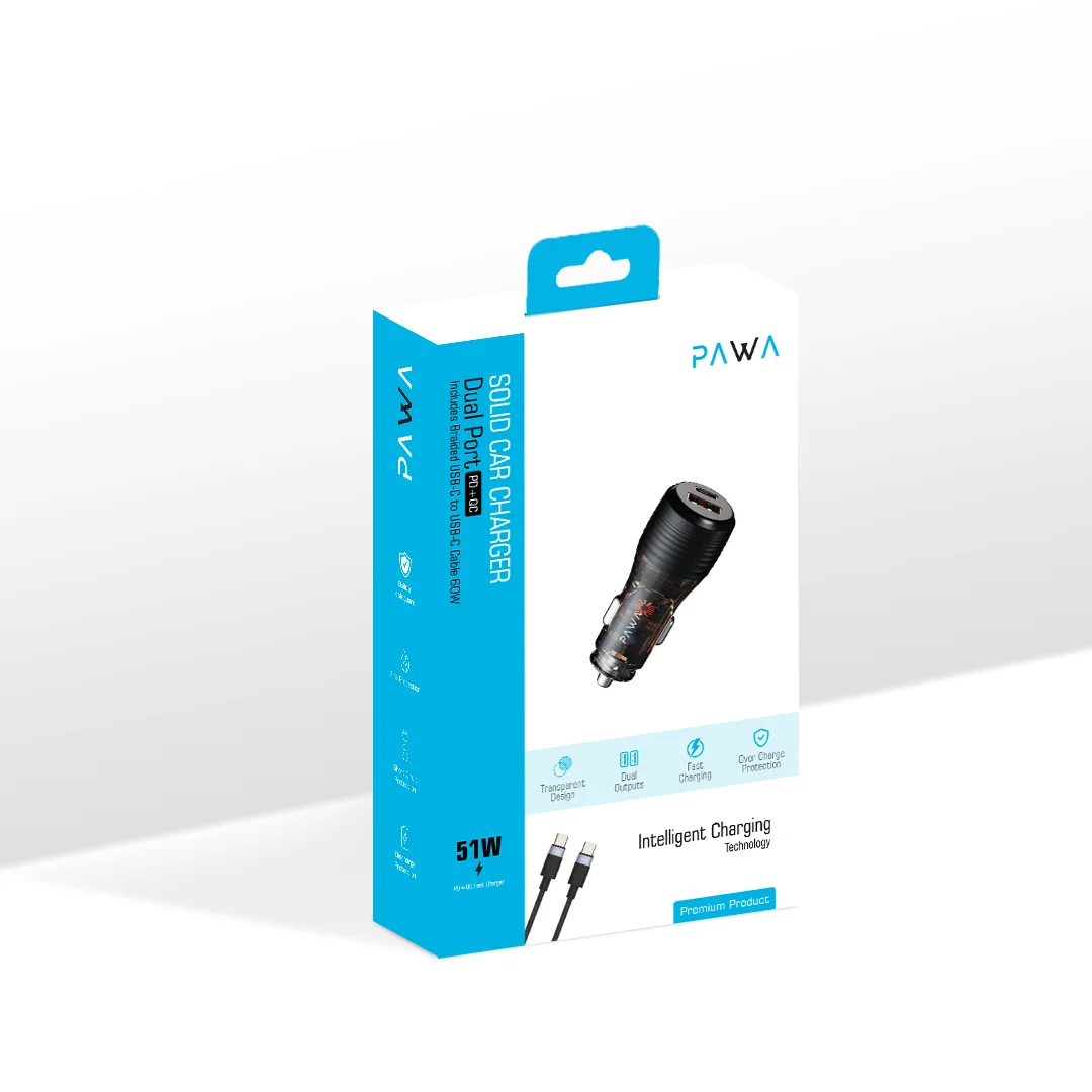 PAWA SOLID CAR CHARGER DUAL PORT PD+QC WITH BRAIDED USB C TO USB C CABLE 51W TRANSPARENT PW-CC51CA1T-TP thumbnail 5