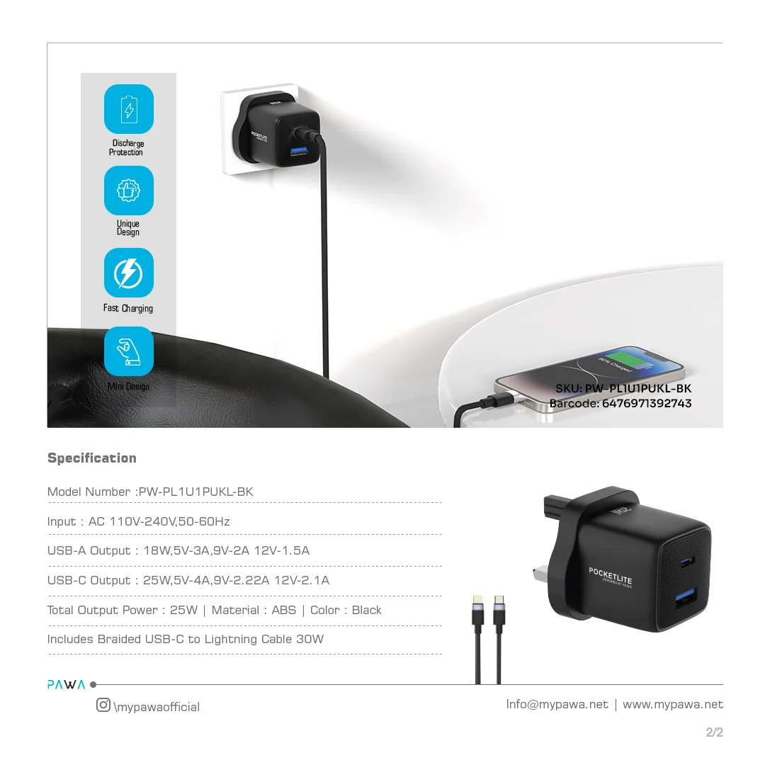 PAWA POCKETLITE TRAVEL CHARGER PD+QC PORT GAN UK STANDARD PD25W TYPE C LIGHTING CABLE BLACK PW-PL1U1PUKL-BK thumbnail 3