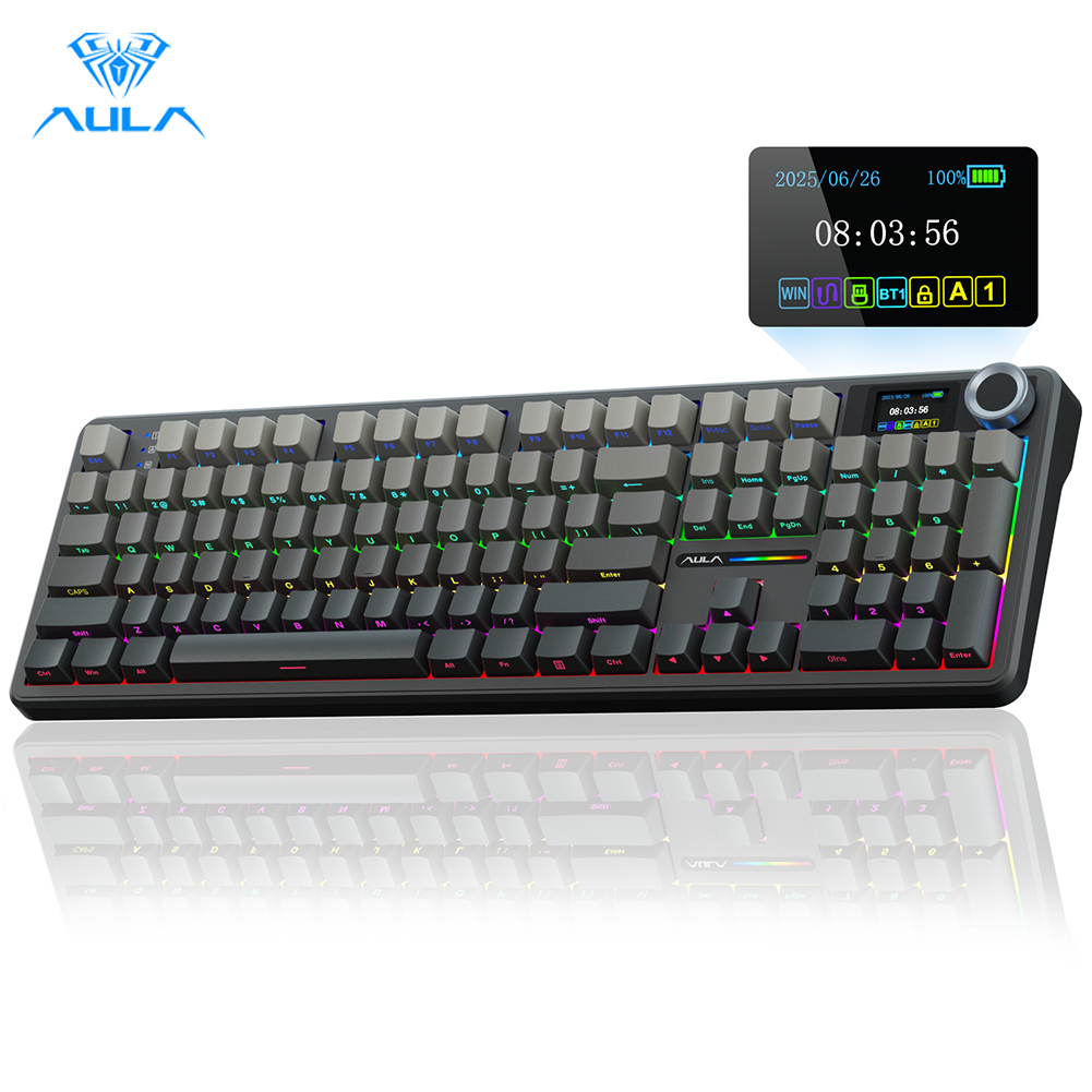 AULA 108 KEYS RGB 100% MECHANICAL GAMING KEYBOARD TRI-MODE KNOB NIMBUS V3 SWITCH GY-OR-DGRY F108 PRO