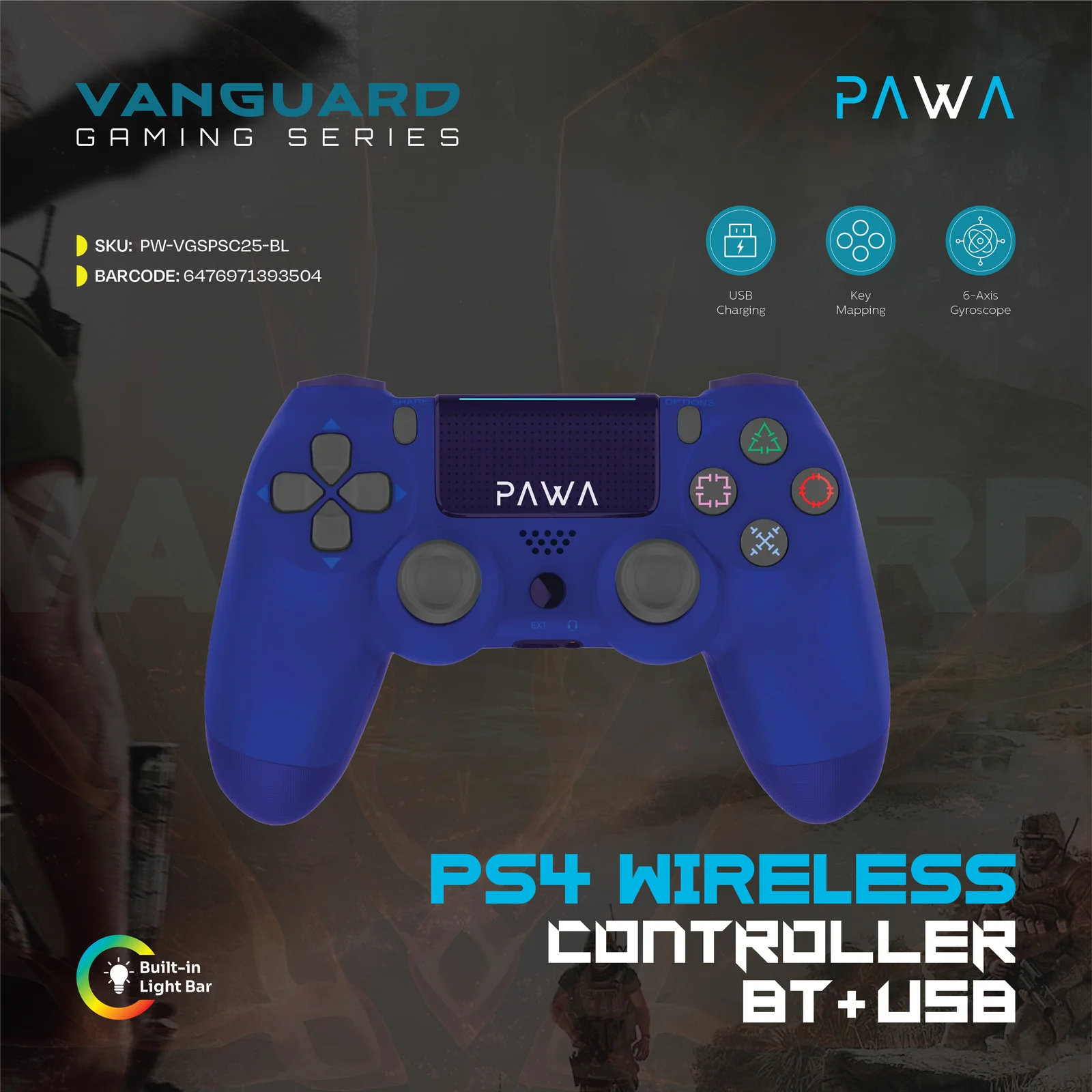 PAWA VANGUARD GAMING SERIES PS4 WIRELESS CONTROLLER BT+USB BLUE PW-VGSPC25-BL thumbnail 4