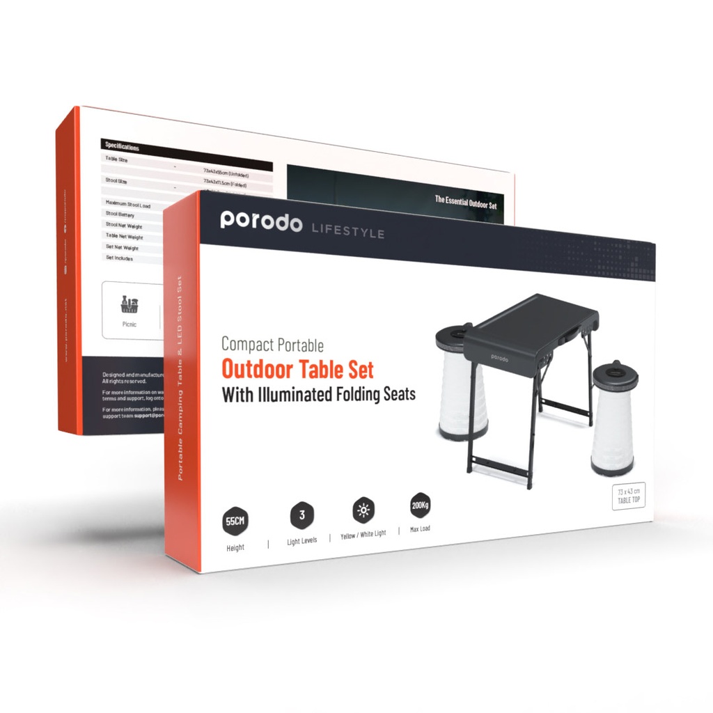 PORODO LIFESTYLE COMPACT PORTABLE OUTDOOR TABLE SET WITH ILLUMINATED FOLDING SEATS GRAY PD-CFDLDSTS-GY thumbnail 2