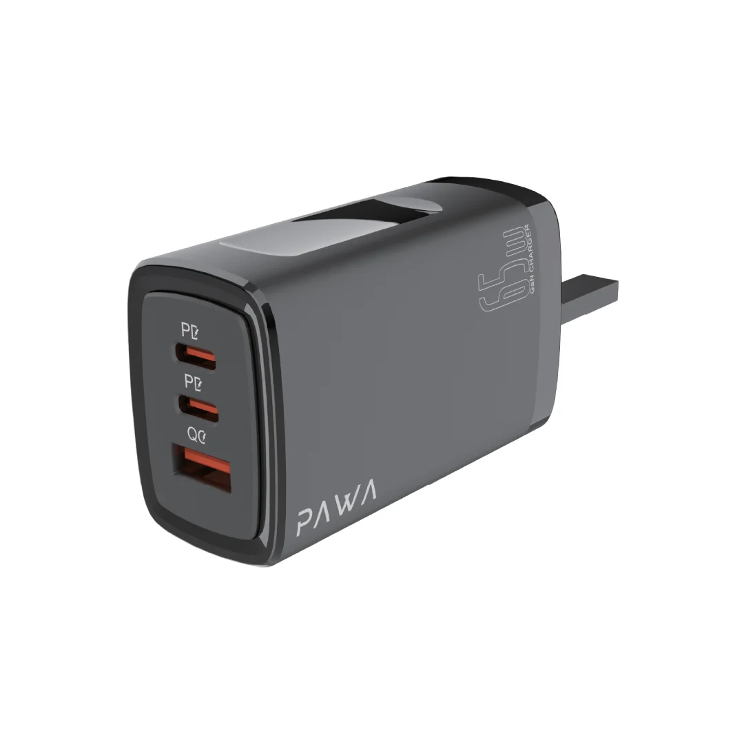 PAWA SOLID TRAVEL DUAL PD AND QC PORT CHARGER GAN 65W UK BLACK PW-TA65PDUK-BK