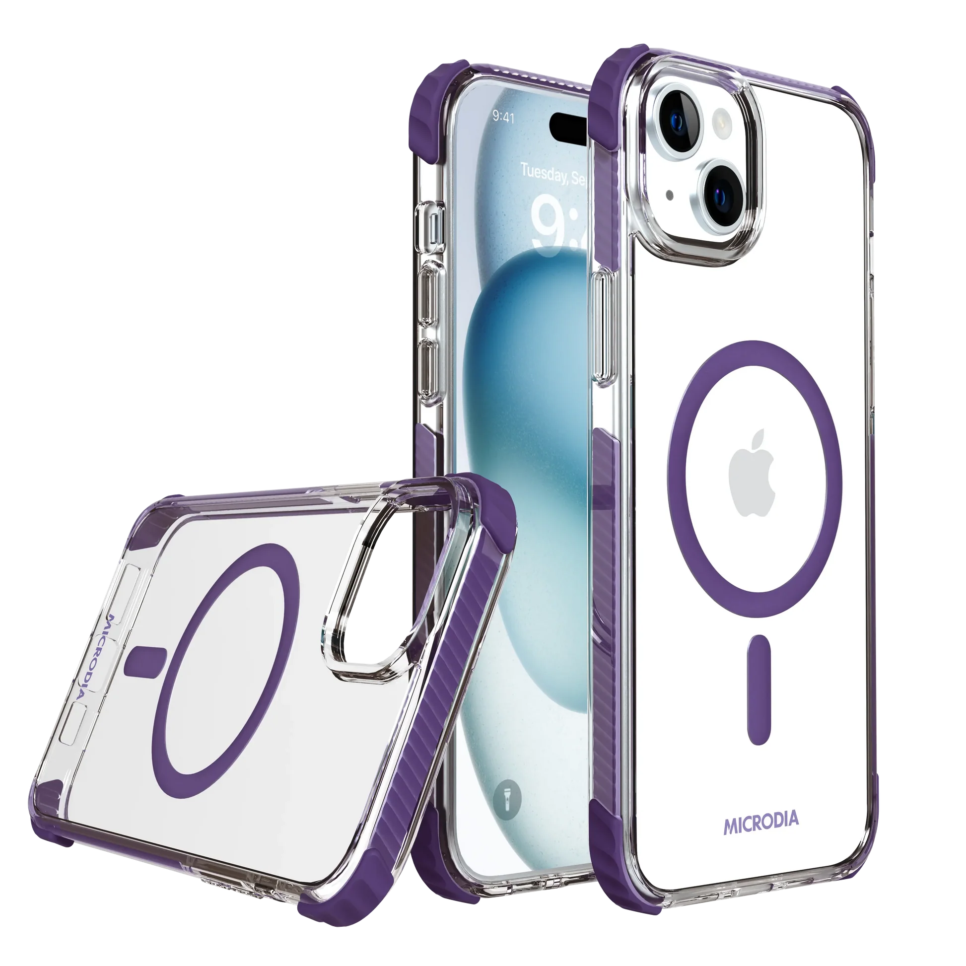 MICRODIA IPHONE 15 PLUS CRYSTAL GEAR SHOCK RESISTANT PROTECTIVE CASE CORNERS PURPLE