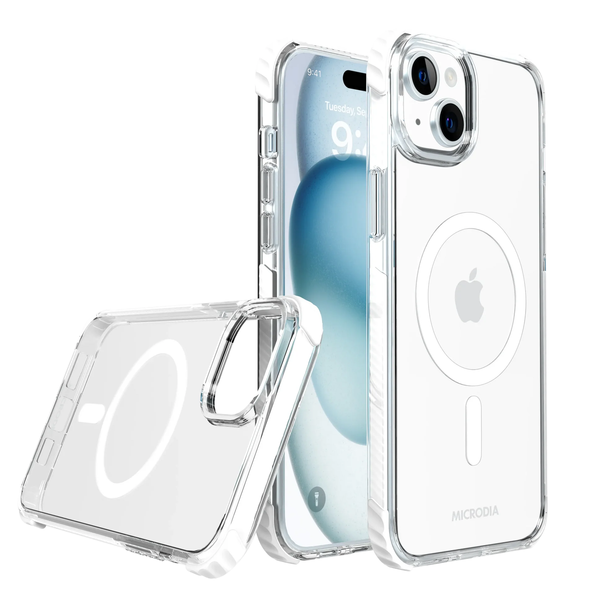 MICRODIA IPHONE 15 PLUS CRYSTAL GEAR SHOCK RESISTANT PROTECTIVE CASE CORNERS WHITE