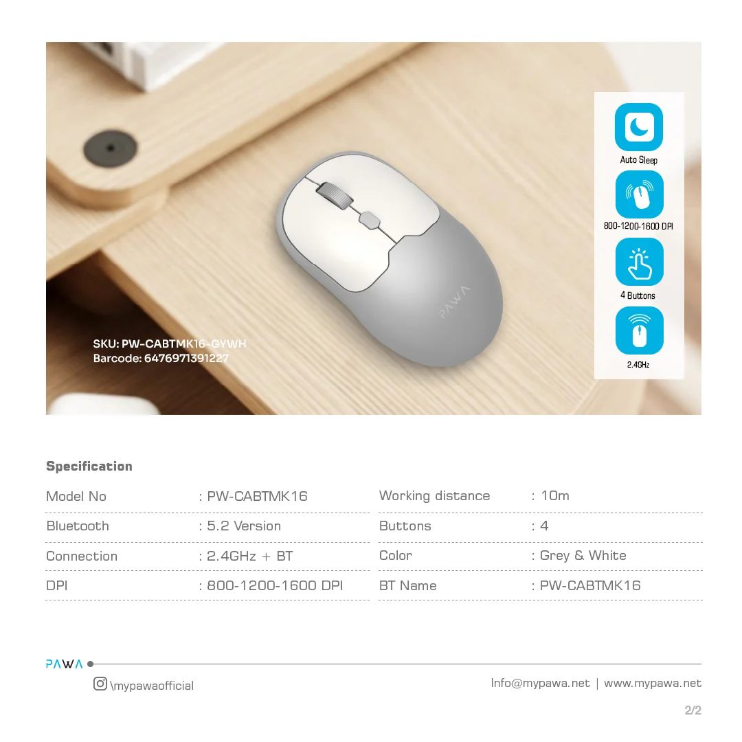 PAWA DUAL MODE WIRELESS MOUSE WITH 1600 DPI GREY WHITE PW-CABTMK16-GYWH thumbnail 3